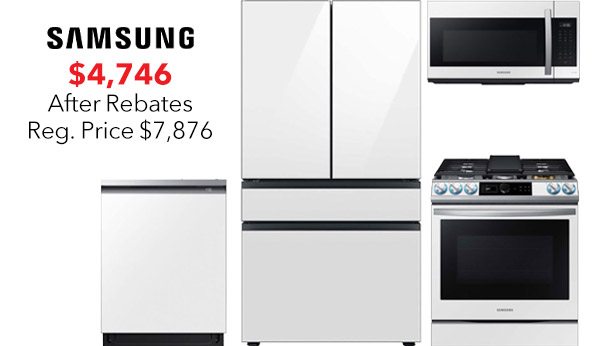 Samsung 23 Cu. Ft. White Glass BESPOKE Counter Depth 4-Door French Door Refrigerator With Gas Range Package $4746 After Rebates (Reg. Price $5,346)