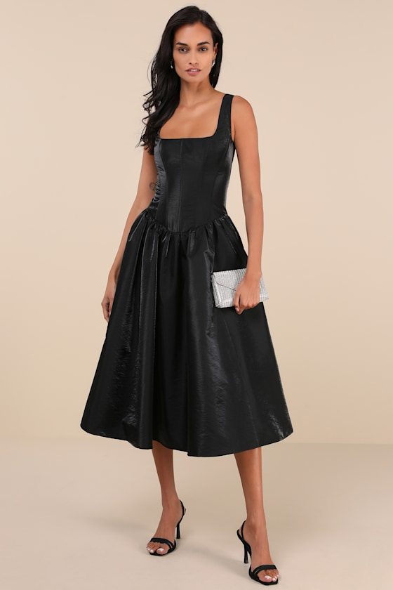Image of Sensationally Impressive Black Shiny Taffeta Lace-Up Midi Dress
