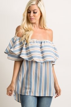 Blue Striped Ruffle Off Shoulder Top