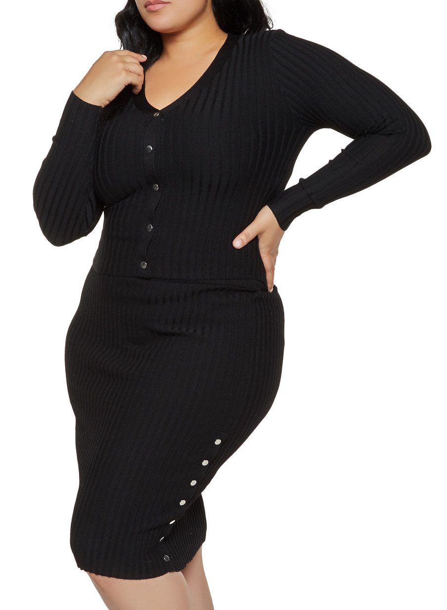 Plus Size Rib Knit Top and Pencil Skirt Set