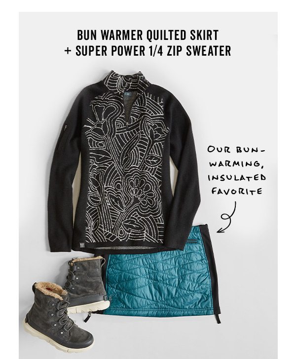 Shop the Bun Warmer Quilted Skirt + Super Power 1/4 Zip Sweater >