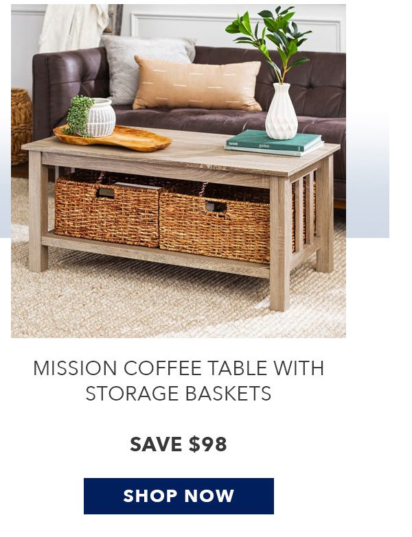 Mission Style Storage Coffee Table with 2 Woven Baskets | SHOP NOW