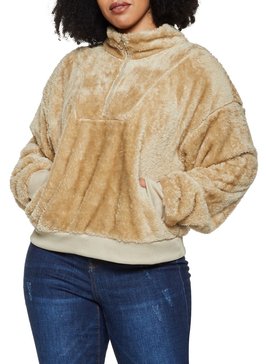 Plus Size Faux Fur Half Zip Sweatshirt