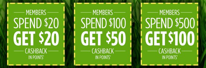 MEMBERS SPEND $20 GET $20 CASHBACK IN POINTS† | MEMBERS SPEND $100 GET $50 CASHBACK IN POINTS† | MEMBERS SPEND $500 GET $100 CASHBACK IN POINTS†