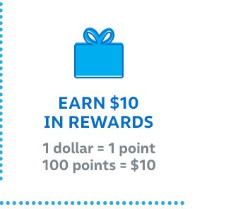 Earn $10 in rewards | 1 dollar = 1 point | 100 points = $10