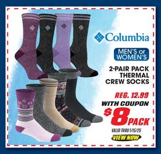 Columbia Men's or Women's 2-Pair Pack Thermal Crew Socks