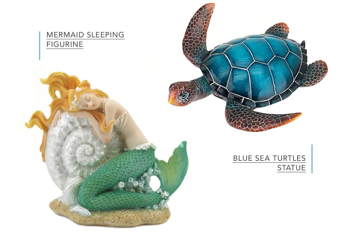 Mermaid Sleeping on Seashell Figurine with Pearl Shell Details,Blue Sea Turtle Statues | SHOP NOW