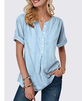 Button Front Roll Sleeve Split Neck Blouse