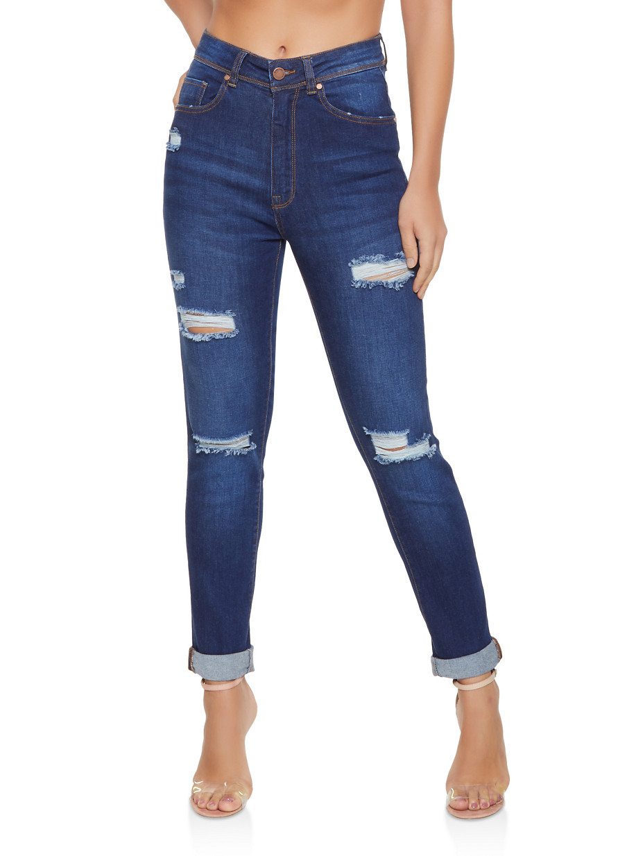 High Waisted Roll Cuff Skinny Jeans