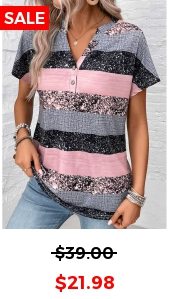 Grey Button Striped Short Sleeve Split Neck Blouse