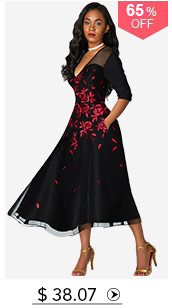 V Neck Flower Print Mesh Panel Black Dress