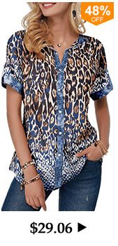 Leopard Print Split Neck Button Front Blouse