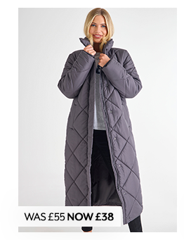 Womens Grey Diamond Quilted Long Coat