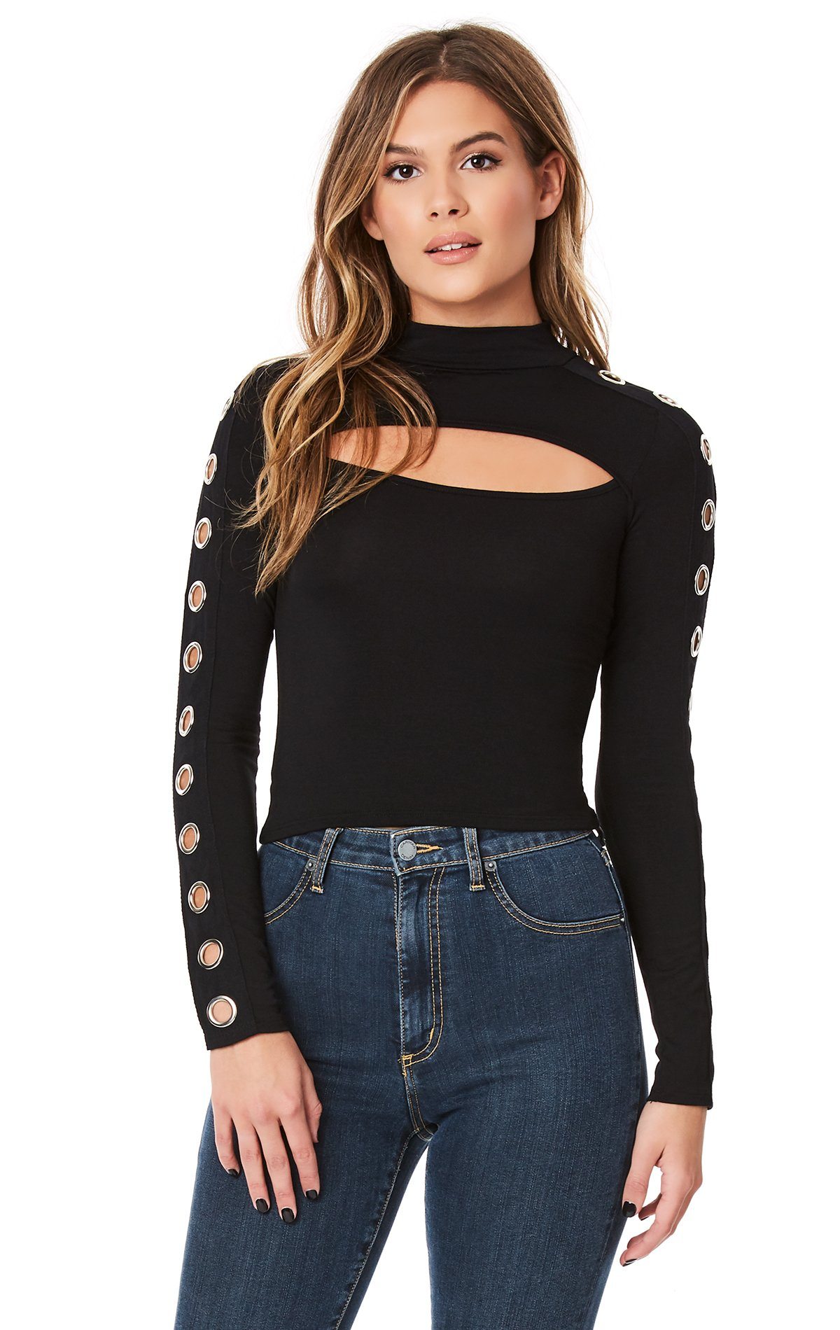 MOCK NECK LONG SLEEVE TEE WITH GROMMETS