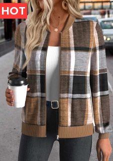 Dark Coffee Zipper Plaid Long Sleeve Stand Collar Jacket