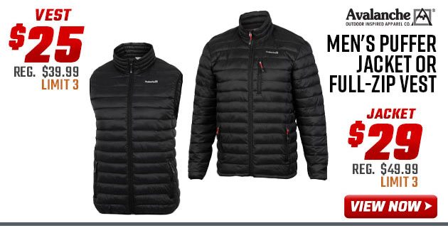 ''Avalanche Men's Puffer Jacket or Full-Zip Vest Vest $25 Jacket $29''