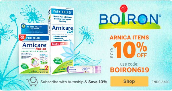 Boiron Arnica Promotion: Extra 10% off with code: BOIRON619 Promotion ends June 30 2019. Save 10% with Autoship. Shop Now!