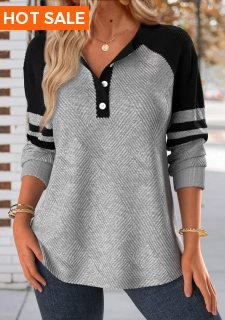 ROTITA Button Light Grey Split Neck Long Sleeve Sweatshirt