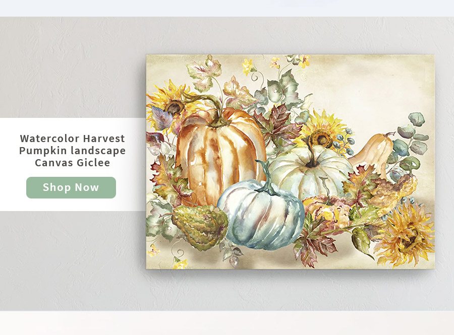 Watercolor Harvest Pumpkin landscape Canvas Giclee 