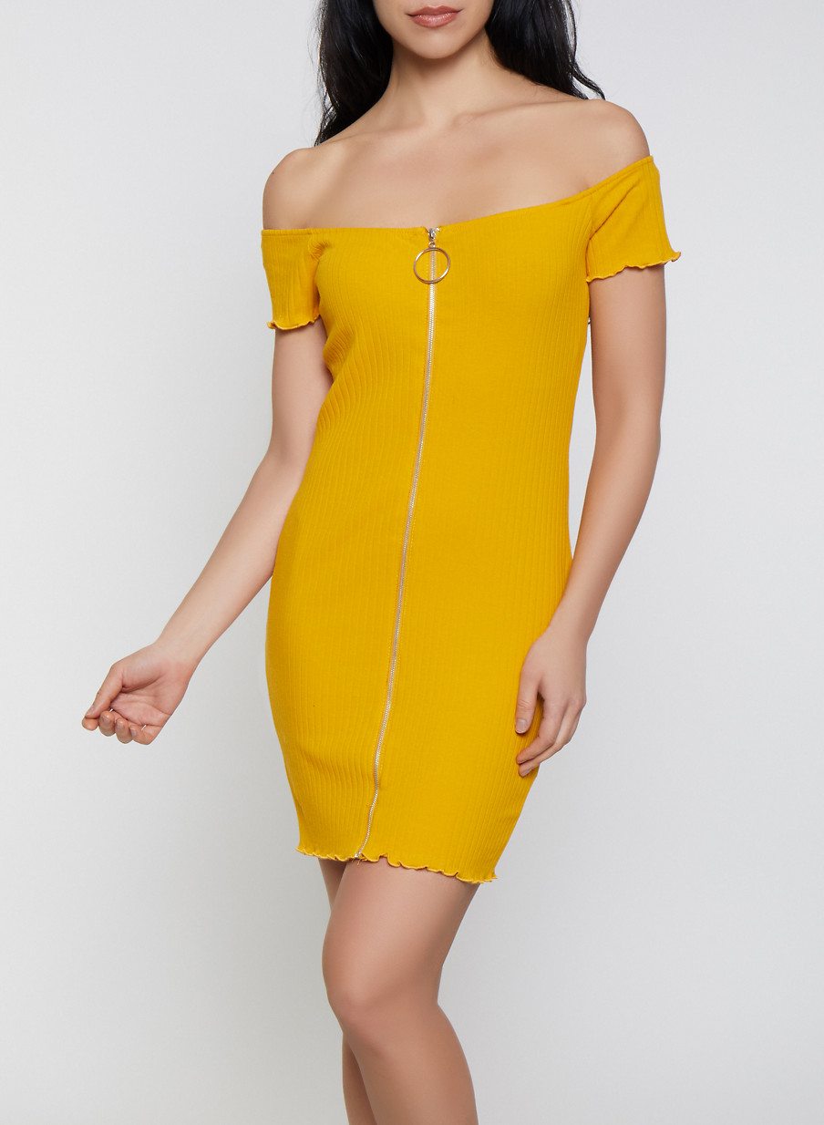 Off the Shoulder Zip Front Bodycon Dress