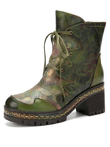 Socofy Floral Print Leather Patchwork Boots