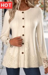 Beige Embroidery Long Sleeve Round Neck T Shirt