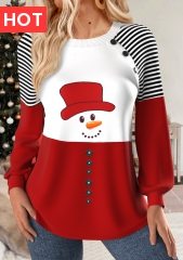 Christmas Multi Color Patchwork Snowman Print Long Sleeve Sweatshirt