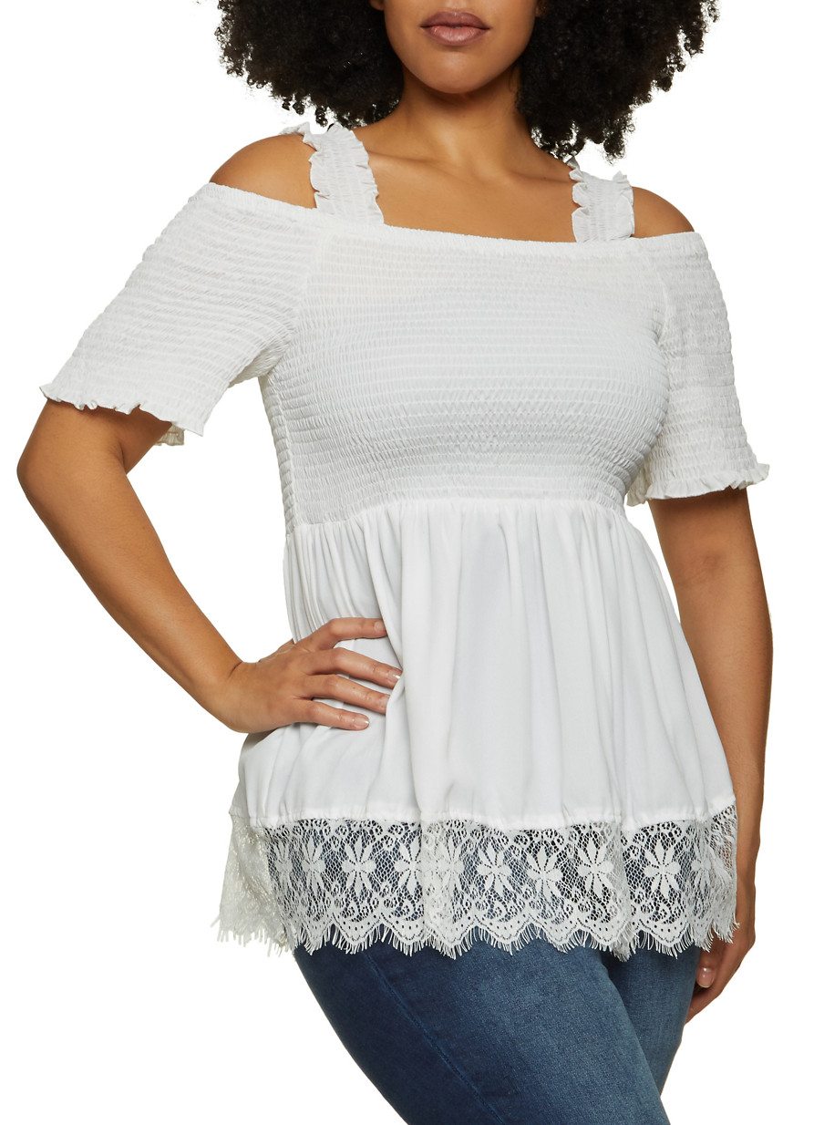 Plus Size Lace Trim Cold Shoulder Top