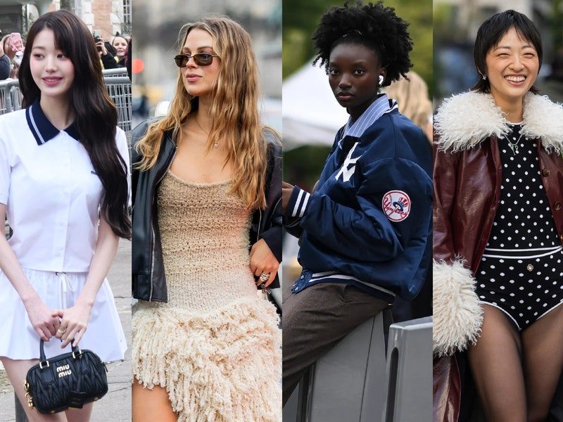 Collage showing pictures of 5 different people, including Bella Hadid and IVE's Wonyoung, wearing examples representing the biggest fashion trends of 2025.