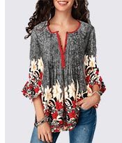 Button Up Pleated Printed Three Quarter Sleeve Blouse