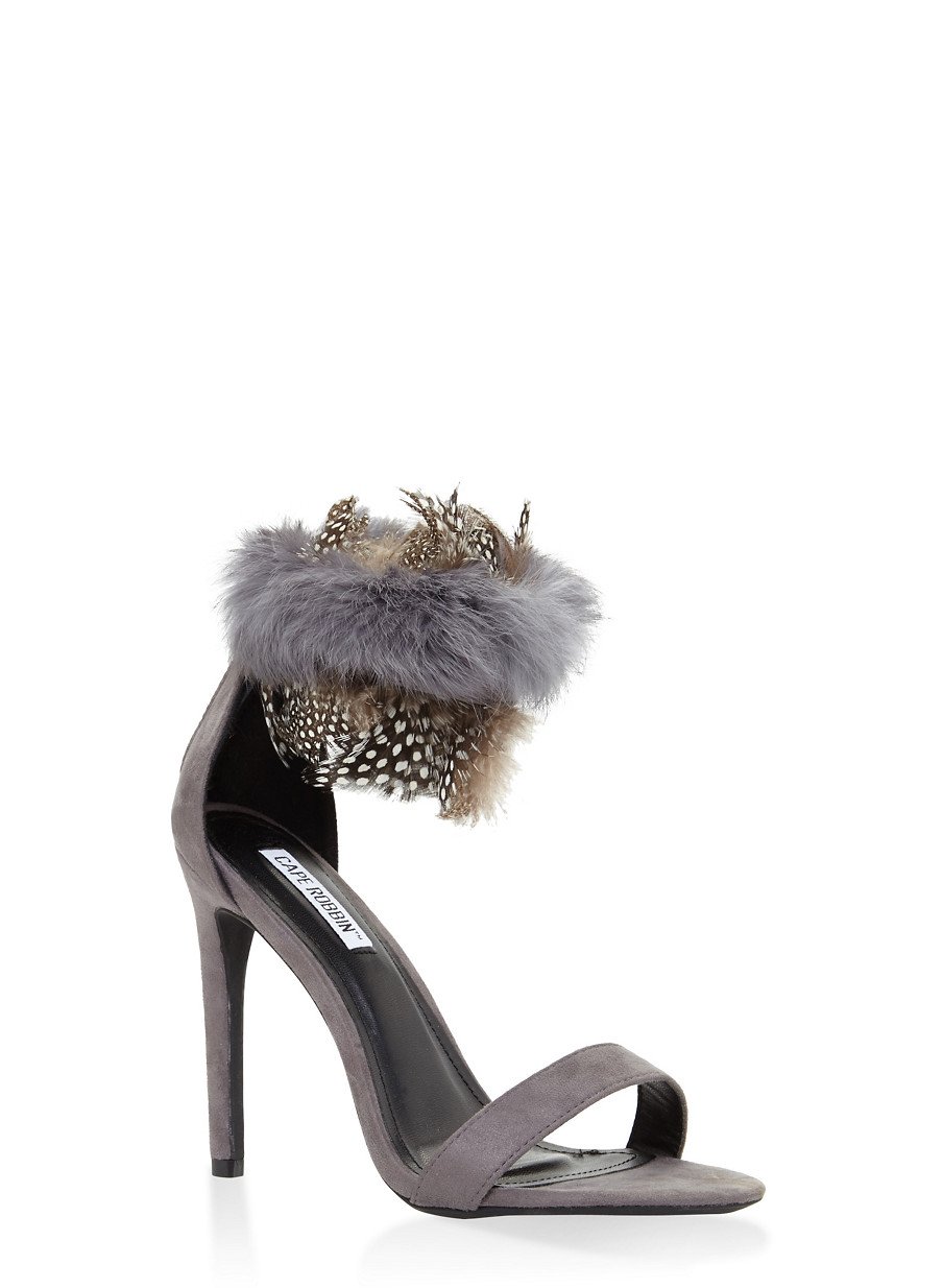 Faux Fur Feather Strap High Heel Sandals