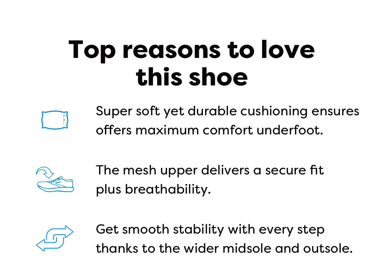 Top reasons to love this shoe | Super soft yet durable cushioning ensure offers maximum comfort underfoot. | The mesh upper delivers a secure fit plus breathability. | Get smooth stability with every step thanks to the wider midsole and outsole.