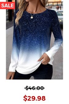 Blue Patchwork Ombre Long Sleeve Round Neck T Shirt