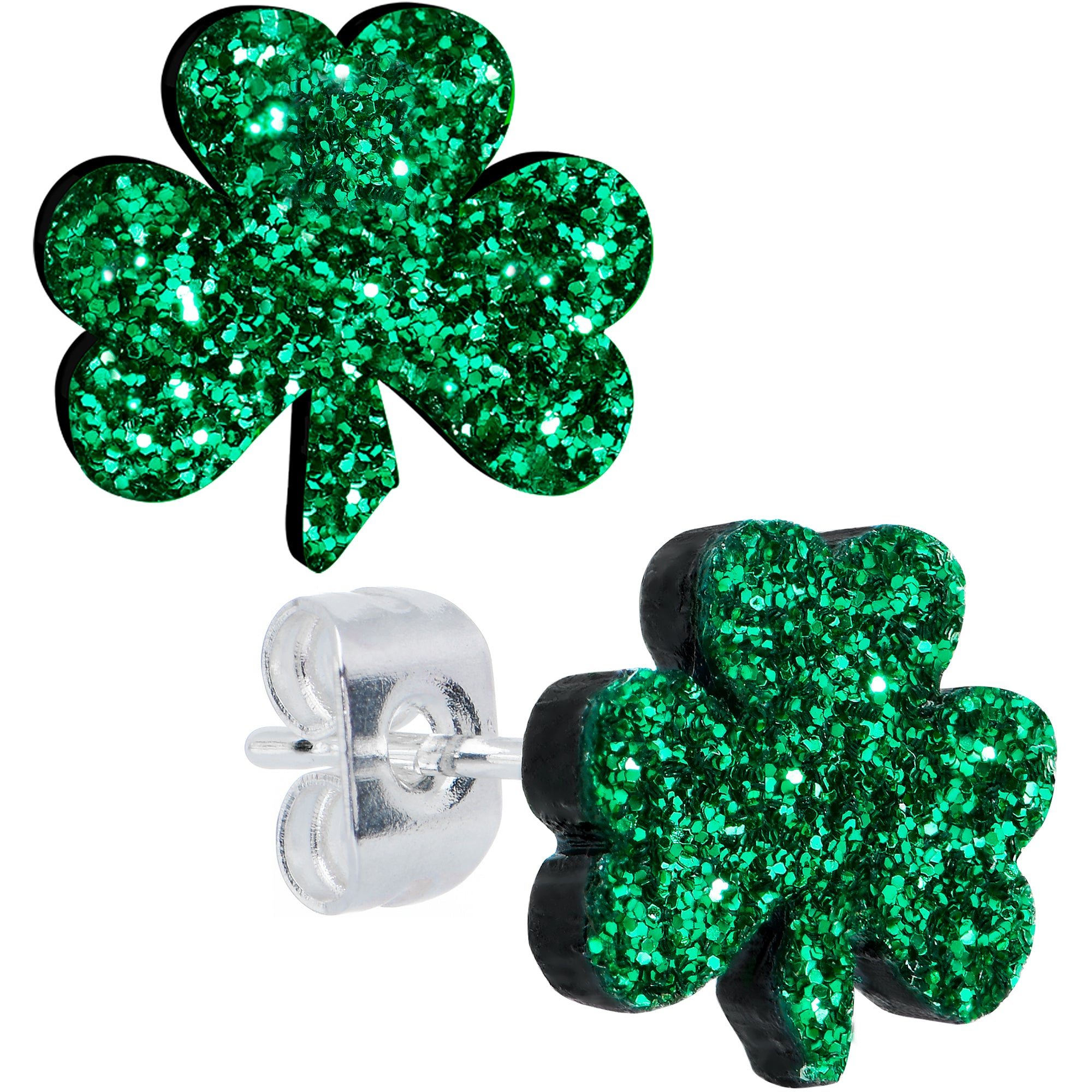 Image of Stainless Steel Post Green Glitter Shamrock St Patricks Stud Earrings