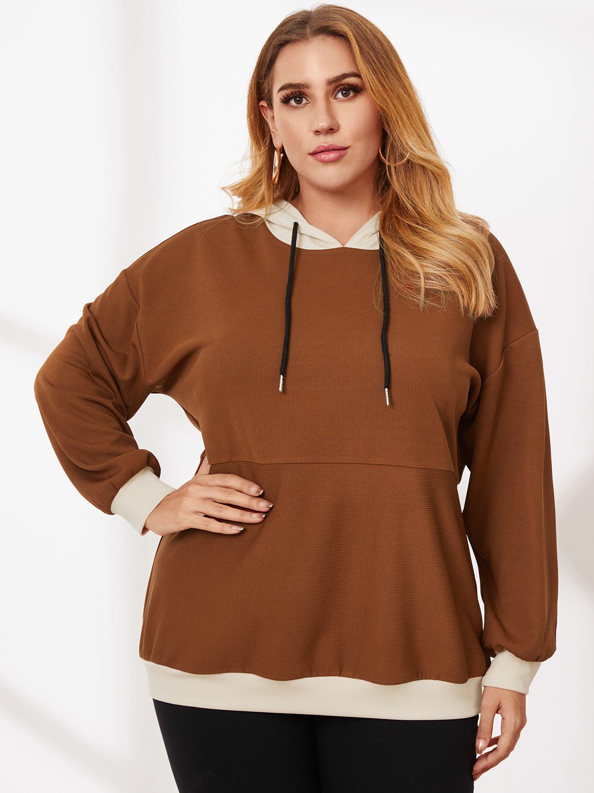 Plus Size Patchwork Hooded Design Long Sleeves Knitwear