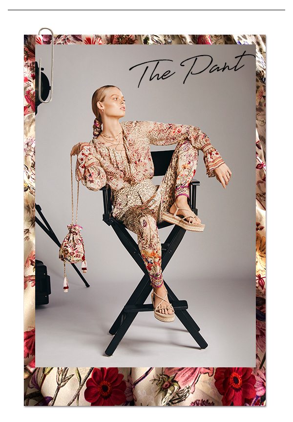 The Pant | Model wearing cream leopard and pink floral pants with matching blouse