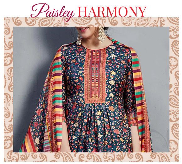 Gorgeous Sarees, Salwar Suits and Indo western Dresses with Paisley motifs.