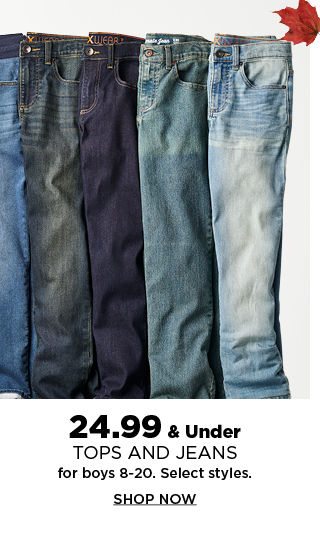24.99 and under tops and jeans for boys 8 to 20. shop now.