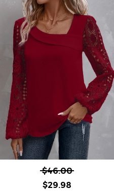 ROTITA Lace Wine Red Asymmetrical Neck Long Sleeve Blouse