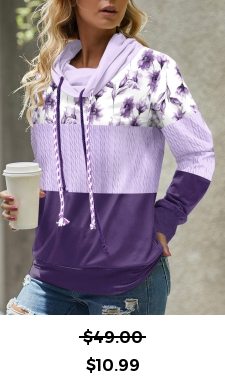 ROTITA Patchwork Floral Print Light Purple Cowl Neck Sweatshirt