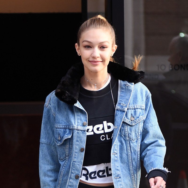 Gigi Hadid in a swingy, slicked-back ponytail.