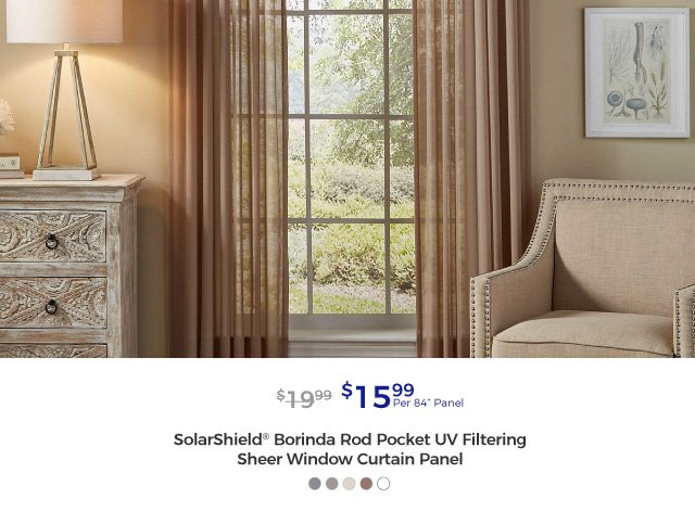 SolarShield® Borinda Rod Pocket UV Filtering Sheer Window Curtain Panel | $15.99 per 84” Panel