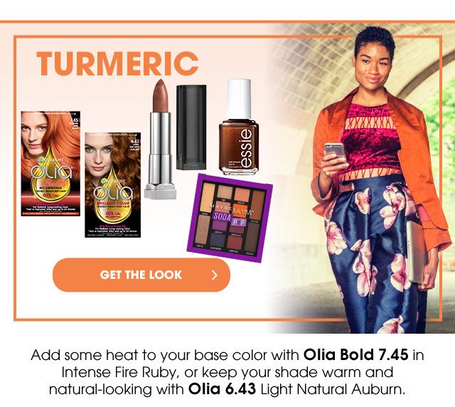 TURMERIC - GET THE LOOK > - Add some heat to your base color with Olia Bold 7.45 in Intense Fire Ruby, or keep your shade warm and natural-looking with Olia 6.43 Light Natural Auburn.