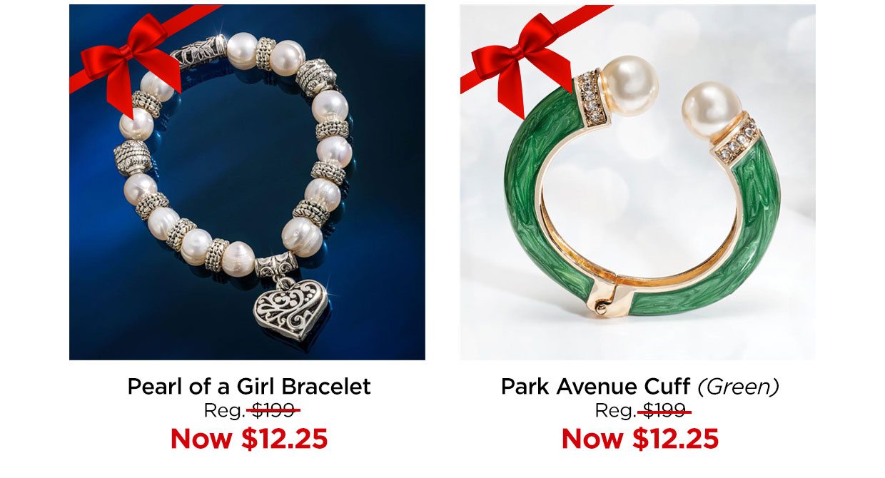 Pearl of a Girl Bracelet Reg. $199, Now $12.25. Park Avenue Cuff (Green) Reg. $199, Now $12.25.