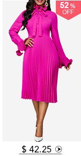 Tie Neck Long Sleeve Rose Red Pleated Dress