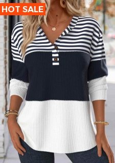 ROTITA Button Striped Navy Split Neck Long Sleeve Sweatshirt