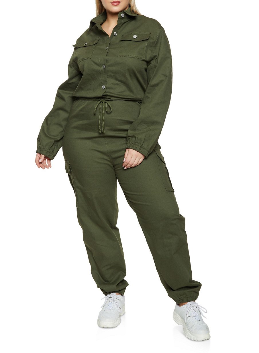 Plus Size Long Sleeve Cargo Jumpsuit