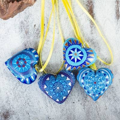 Hand Painted Blue Wood Heart Ornaments