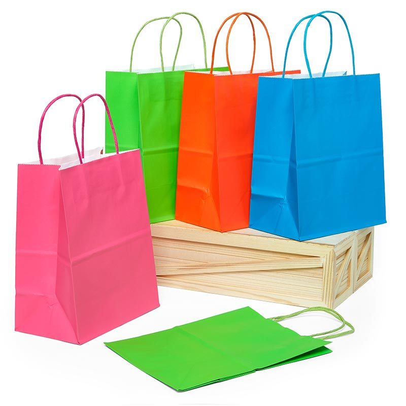 Assorted Bright Solid Colored Paper Shopping Bags - 12 Pack