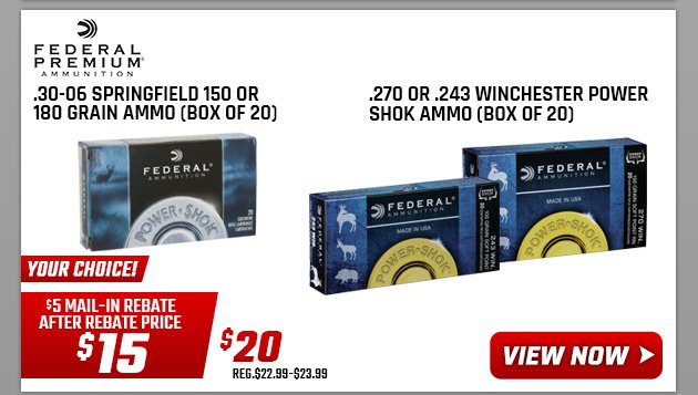 Federal .30-06 Springfield 150 or 180 Grain Ammo (Box of 20) or Federal Power-Shok .270 or .243 Win. Rifle Ammunition (Box of 20)